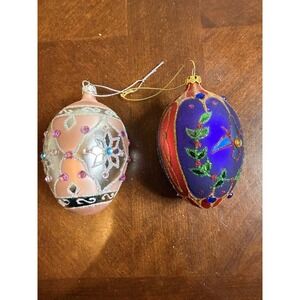 VTG Glass  Egg Christmas Ornament Set Jewel Tone‎ Hand Painted